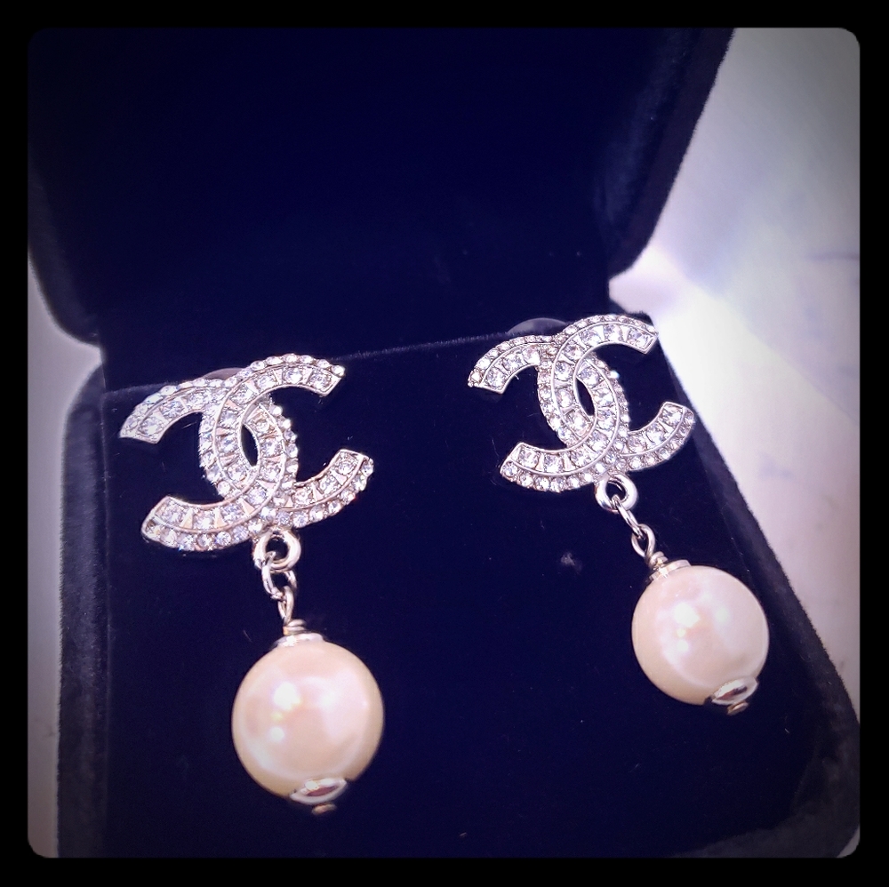 Vintage Coco Chanel silver drop hanging earrings